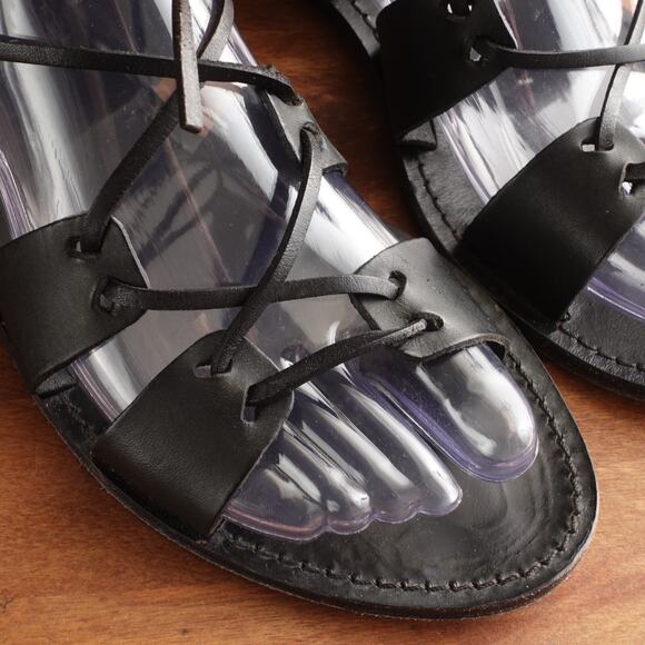 Club Monaco Sandals WMS SZ EU 37 US 6.5 BLK Leather Ankle Wrap Flat Boho Shoes - Picture 4 of 14